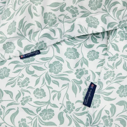 Lexington Flowers Cotton Sateen Bed Set, white/eucalyptus